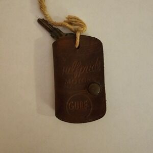 Vintage Gulf Motor Motorist Leather Key Fob Keychain with Key
